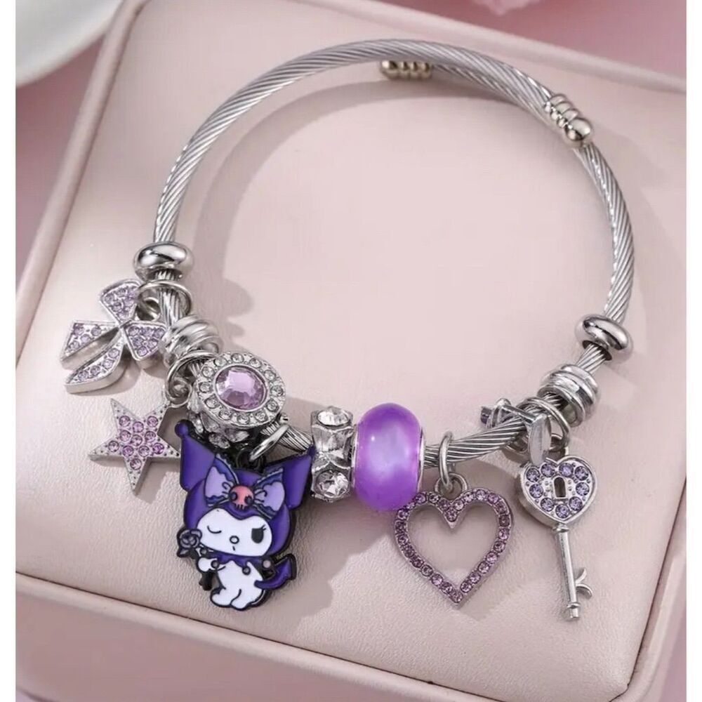 Sanrio Kuromi Y2k Bling Silver Charm Pendant Bracelet Purple Rhinestone Dangles